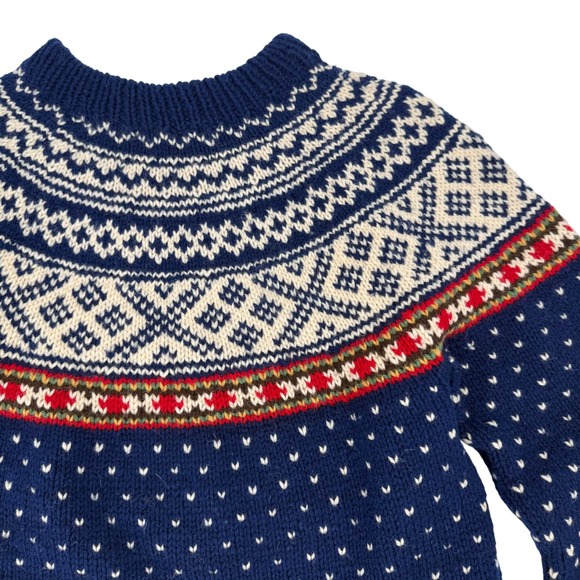 Vintage Fair Isle Nordic Wool Knit Sweater Navy Blue Red White Pullover Medium - Picture 2 of 5